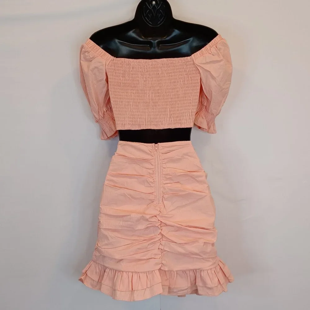 Privy WMN'S Sz L Ruched Smock 2 Piece Skirt Set Crop Puff Sleeve Ruffle Stretch - Picture 9 of 12